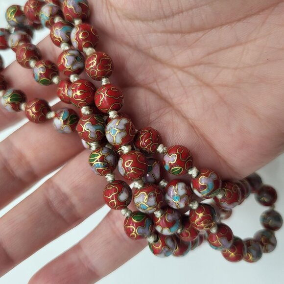 VTG Cloisonne Chinese Beaded Knotted Necklace Red Gold Floral - Picture 7 of 7